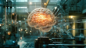 Un cerveau digital relié aux machines d'un atelier industriel